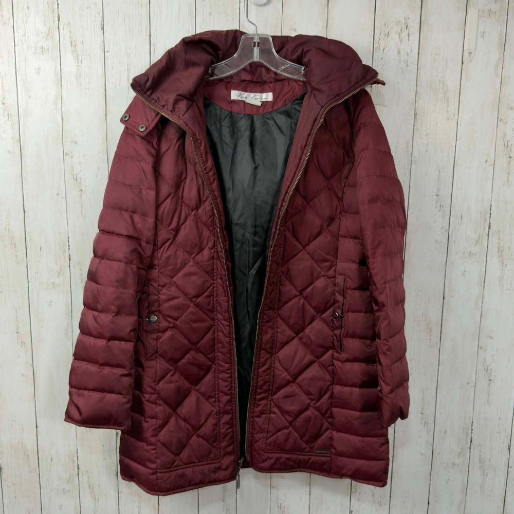 Kenneth Cole Women's Burgundy Quilted Faux Fur Trim Hooded Puffer Coat Size L‎